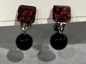 Pink Black Animal Print Crystal Square Round Dangle Clip On Earrings - Picture 1 of 5