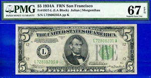 1934A $5 FRN San Francisco PMG 67EPQ rare grade 2nd highest graded FR-1957-L - Picture 1 of 3