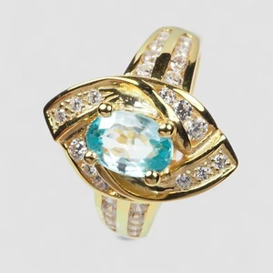 Stupendous Mint Blue Zircon Oval 925 Sterling Silver 24K Gold Plated Ring Size 6 - Picture 1 of 8