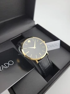 $795 MSRP | Movado Men's Ultra Slim Black Dial Leather Band Watch - 0607173 - Picture 1 of 3