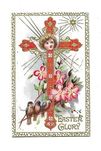 Schöner junger ENGEL, VÖGEL, KREUZ auf schöner alter Postkarte 1910 OSTERN - Bild 1 von 2