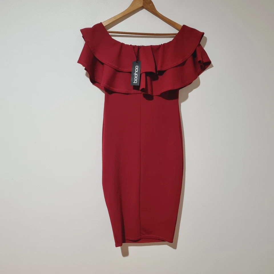 Boohoo Size 12 Deep Red Pencil Dress With Ruffle Top Maternity - Image 1 of 4
