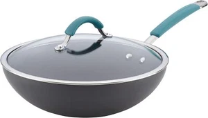 Hard Anodized Non-Stick Wok with Lid,11-Inch Wok with Lid,Gray with Blue Handles - Picture 1 of 9