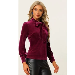 Allegra K Samt Top Burgund Bindekragen Langarm Bluse Elegant Party M Neu mit Etikett - Bild 1 von 12