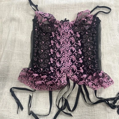 Elegant Moments Pink & Black Lace Corset Bustier Size 36 - Image 1 of 4