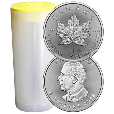 Rollo de 25 - 2026 $5 hoja de arce canadiense de plata 1 oz BU Foto 1 de 3