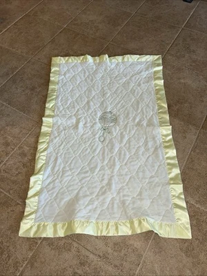 Vtg Baby Crib Blanket Quilted White With Yellow Satin Trim Embroidered “Rattler” - Image 1 of 4