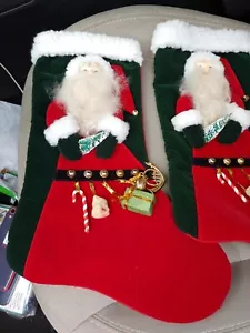 Vintage Christmas Stocking Victorian Santa Claus Red Green Velour Bells Gifts - Picture 1 of 6