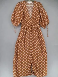Zimmermann Dress Womens 1 Brown Pink Linen Polka Dot Puff Button Plunge Shirred - Picture 1 of 20