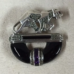 Broche Pantera Art Deco Plata Esterlina Marcasita Amatista Ónix Negro - Imagen 1 de 4