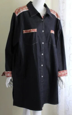 NEW Koos of Course 2X Chic Dark Denim Patchwork Floral 36.5"L Shirt Jacket Tunic - Image 1 of 4