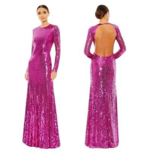 Vestido Mac Duggal Fucsia Lentejuelas Espalda Abierta Manga Larga Columna Talla 0 $298 - Imagen 1 de 4