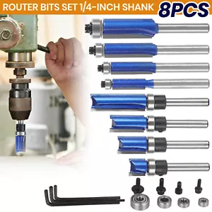 8PCS 1/4''Shank Top Bearing Flush Trim Pattern Router Bit Set Milling Cutter Kit - Picture 1 of 13