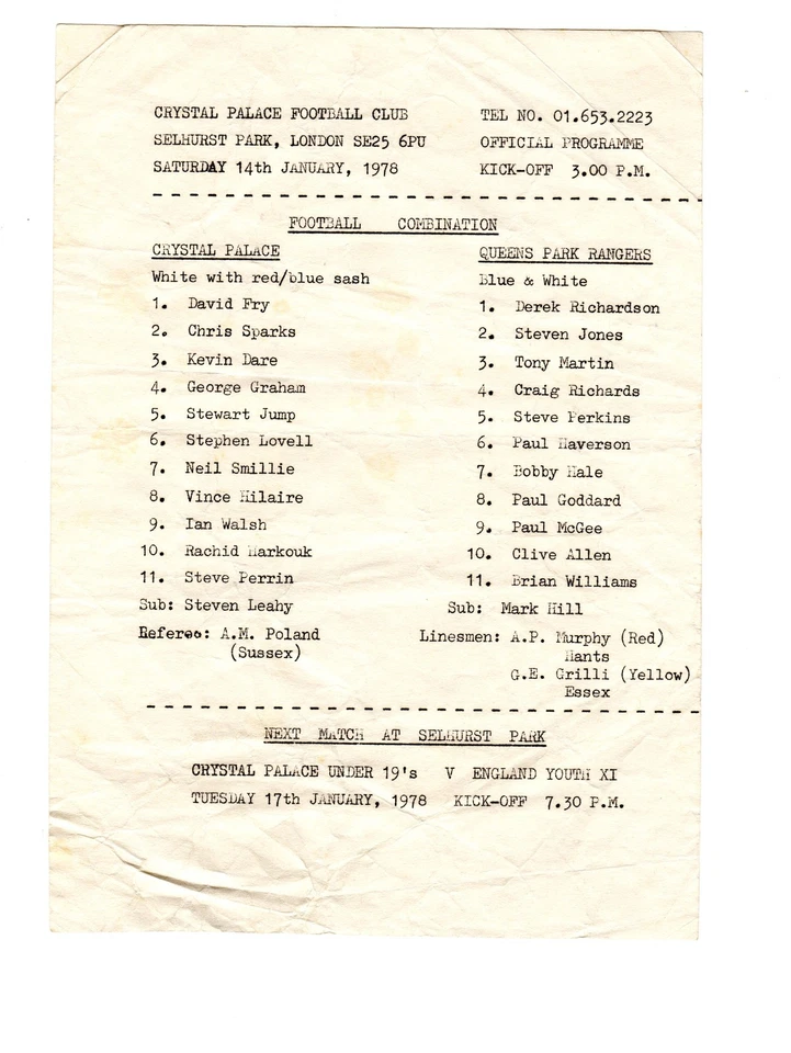 Crystal Palace v Queens Park Rangers QPR Reserves Programme 14.1.1978 - Image 1 of 1