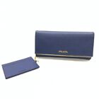 PRADA Long Wallet with Pass Case W Snap Logo Navy Gold 1MH132 Saffiano Leather