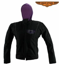 Women's Motorcycle Textile Studded Jacket w/ Purple Hoodie & Winged Skull Design - Picture 1 of 8