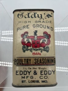 Vintage Eddys Spice Tin Poultry Seasoning St Louis Mo. Cardboard Middle Rare - Picture 1 of 6