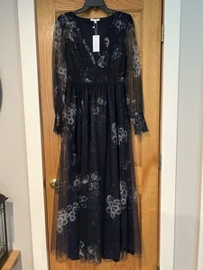 NWT Baltic Born Navy Floral Maxi Dress Medium Sheer Long Sleeve, Wedding Guest - Picture 1 of 9