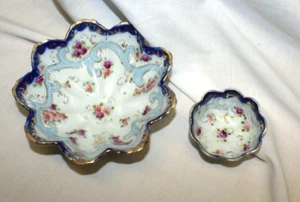VTG 3 Footed Scalloped Bowl & Mini Bowl Floral Cobalt Blue Japan Hand Painted - Picture 1 of 4