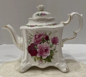 Vintage Crown Dorset Square Teapot England Floral Pink Roses Staffordshire Gold - Picture 1 of 10