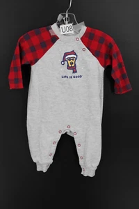 LIFE IS GOOD 0/3 MONTHS BABY BOY ONE PIECE OUTFIT GRAY WITH BUFFALO PLAID & DOG - Picture 1 of 6