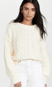 Free People Dream Cable Knit Cream Crew Oversized Sweater Size XS - Picture 1 of 8