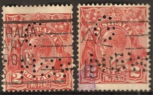 KGV 2d Red Australia G NSW Punctured Perfin Used x 2 - Picture 1 of 1