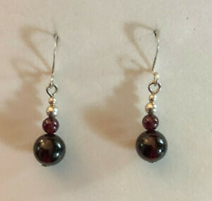 Sterling Silver Earrings Garnet Bead Red Wine Ball Drop 1.25" 3g #1446