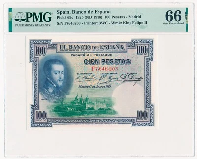 SPAIN 100 PESETAS PICK 69c Felipe II 1925 / 1936 PMG 66 GEM UNC EPQ - Image 1 of 2