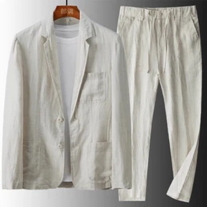 Casual Linen Suit Set Men's Spring Thin Fashionable Loose Handsome Two-piece Set - Picture 1 of 31