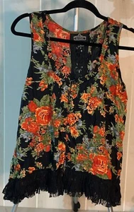 Angie Woman Large Sleeveless Floral Trapeze Boho Blouse Raw Edge Lace Trim Top - Picture 1 of 3