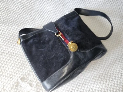 RARO GUCCI 1960 Grande Azul Marino Gamuza Cuero Negro Bolso de Mano Jerez Rayas Hermoso Foto 1 de 4