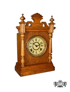 Antique Oak Victorian Style Carved Mantel Clock w/Pendulum - Picture 1 of 13