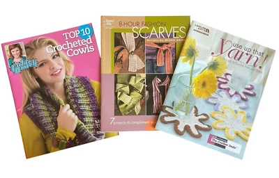 Lot of 3 Leaflets Crocheted Patterns Cowls Scarves Mittens Hats Easy Projects - Image 1 of 4