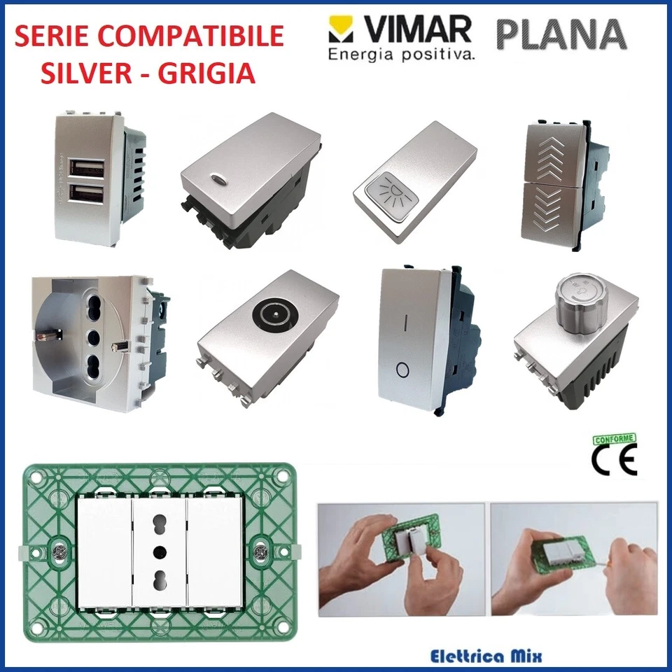 Vimar Plana Compatibile Silver Presa Shuko Tv Usb Interruttore Supporto grigia