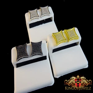 MEN'S BRAND NEW GOLD FINISH DIAMOND SIMULATE XL KITE SQUARE STUD EARRINGS 12MM - Picture 1 of 11