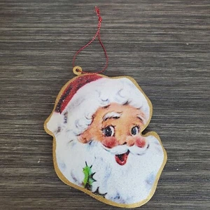 Kitschy Metal Retro Jolly Santa Claus Head Christmas Ornament,  4.5" Glitter  - Picture 1 of 4