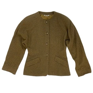 VTG 80s Max Mara Olive Wool Tweed Batwing Collarless Jacket Blazer Women’s 10 - Picture 1 of 13