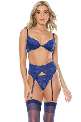 Conjunto de sujetador liguero coquette satinado encaje copas azul marino Foto 1 de 4