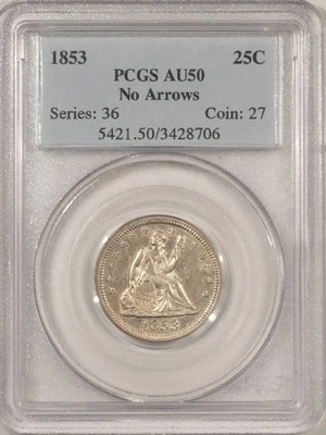1853 SEATED LIBERTY QUARTER, NO ARROWS - PCGS AU-50, RARE! FLASHY & WELL-STRUCK! - Image 1 of 3