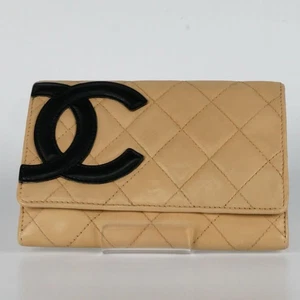 CHANEL Cambon Matelasse CC Logo Leather Compact Flap Wallet Beige Black MWa0782 - Picture 1 of 13