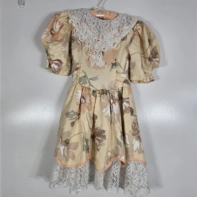 Vtg 90s Girls Size 8 Floral Brocade Fancy Tea Party Dress Puff Sleeve Lace Trim - Image 1 of 4