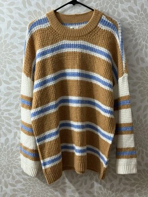 American Eagle AE Women’s M Boho Oversized Tan Blue Striped Pullover Sweater - Image 1 of 4