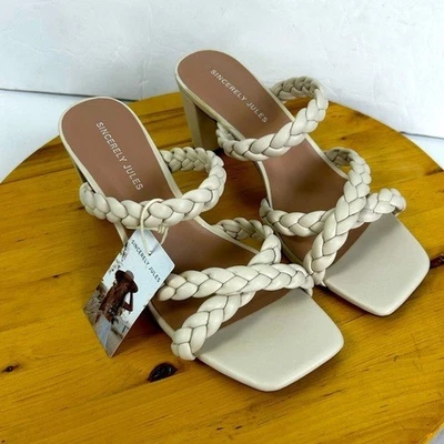 Sincerely Jules CrissCross Ivory Nude Braided SlipOn Block Heeled Sandal NWT 7.5 - Image 1 of 4
