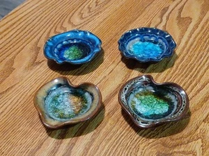 Studio Art Pottery Ashtray Trinket Dish Crushed Glass Glaze USA ~ Set Of 4 - Picture 1 of 20
