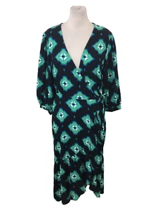 M&S Women's Wrap Dress Size 22 Green Black Mix Ruffle Hi Low Tie Waist Used F1 - Picture 1 of 10