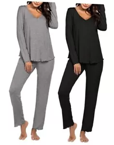 Womens 2 Pack Pajama Set Long Sleeve Pajamas Top and XX-Large Black + Gray - Picture 1 of 7