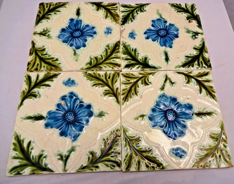 Antique Tile Majolica Art Nouveau Purple Flower England Porcelain Decorative# 53 Cover