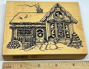 PSX K-2139 Christmas Snowy House Snowman Cat Dog Birds Rubber Stamp - Picture 1 of 5