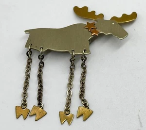 Coldwater Creek Dangling Legs Moose Satin Gold Bronze Tone Star Bow Brooch Pin - Picture 1 of 3